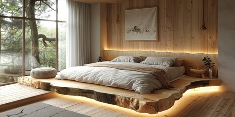 Fototapeta na wymiar Mock up bright bedroom with a comfortable large bed and a bright stylish background, 3d rendering