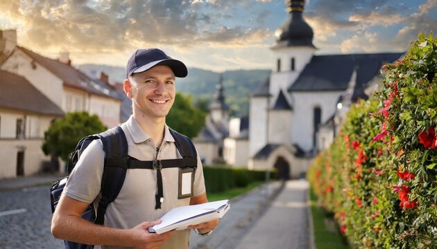 A mail carrier, post mean holding a white box, packet in an old town, mountains in the background