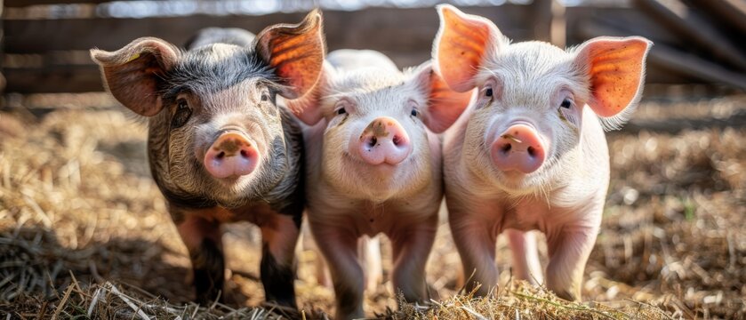  a group of three pigs standing next to each other on top of a dry grass field with a barn in the background.