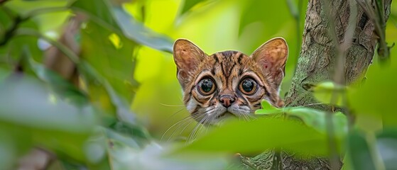  a close up of a cat in a tree looking out from behind a leafy branch with a blurry background.