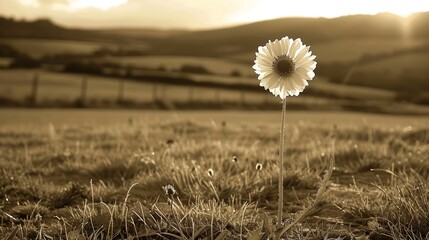  a black and white photo of a flower in a field of grass with the sun in the background and a fence in the foreground. - obrazy, fototapety, plakaty