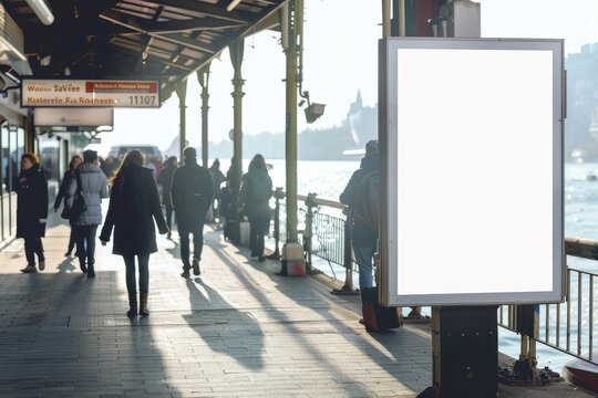 Blank advertisement board at a ferry terminal. Street mockup concept. Template for design, advertising, banner. 