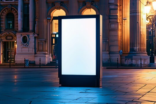 Blank advertising kiosk in front of historical architecture. Street mockup concept. Template for design, advertising, banner. 