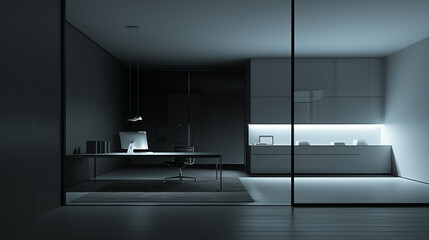 Interior of modern cabinet, office in black and white colors. Minimalism. 