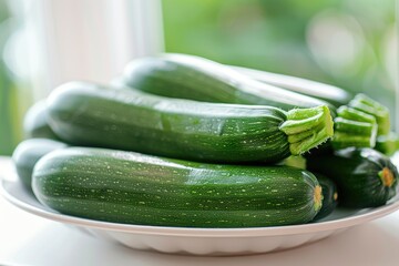 A plate of green zucchini is on a table