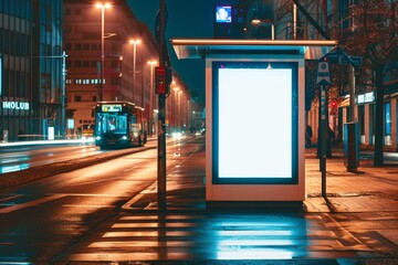 City bus stop with blank advertising panel at night. Street mockup concept. Template for design, advertising, banner. Modern frame