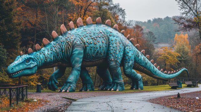  a large blue dinosaur statue in the middle of a park with lots of trees and a path leading to it.