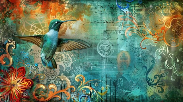  a painting of a hummingbird flying in the air with music notes and flowers on the wall in the background.
