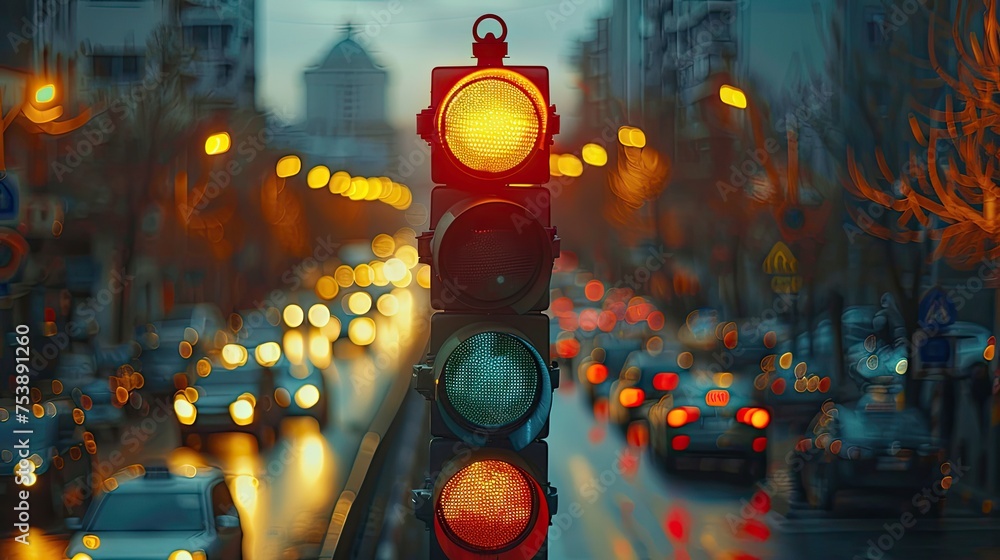 Poster color photo of a smart traffic light system optimizing traffic flow and reducing congestion