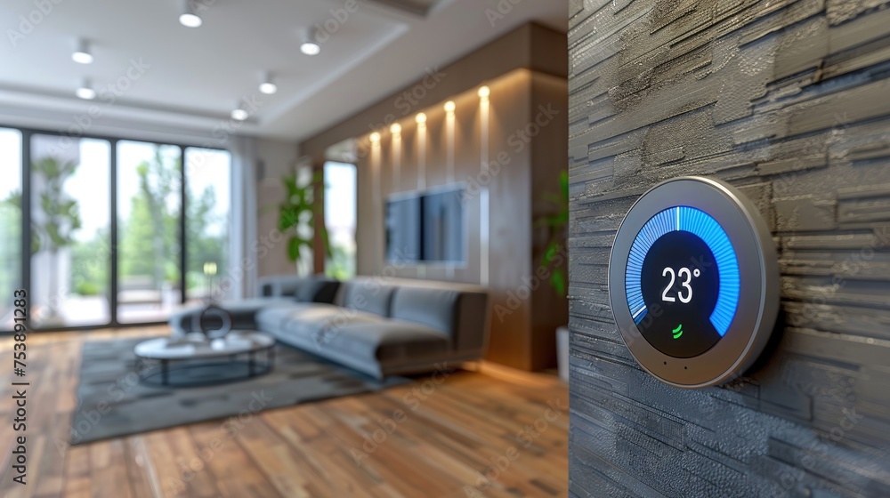 Poster color photo of a smart thermostat controlling home temperature with precision