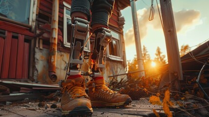 Color photo of a robotic prosthetic limb assisting an amputee in daily activities - obrazy, fototapety, plakaty