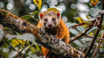  a close up of a small animal on a tree branch with leaves in the background and a blurry background.