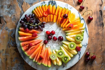 A colorful fruit platter with a variety of fruits including kiwi, oranges