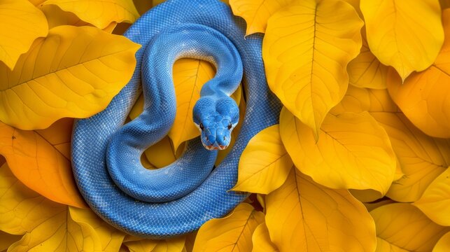  a blue and yellow snake sitting on top of a yellow and green leaf covered ground with yellow and green leaves surrounding it.