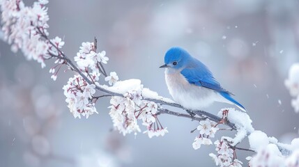  a blue and white bird is sitting on a branch of a tree with snow on the branches and snow flakes on the branches.