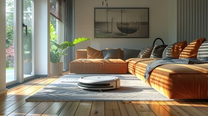 Robotic vacuum cleaner in a residential apartment - obrazy, fototapety, plakaty