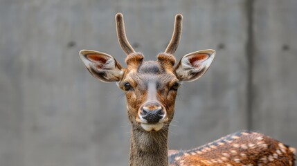  a close up of a deer's face with antlers on it's head and a wooden wall in the background.