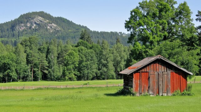  a red shed sitting in the middle of a lush green field with a mountain in the backgroup.