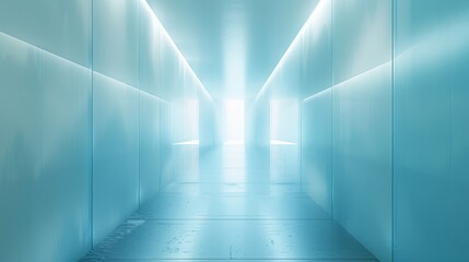  a long hallway with blue walls and a light at the end of the hallway is lit by a single light at the end of the hallway.