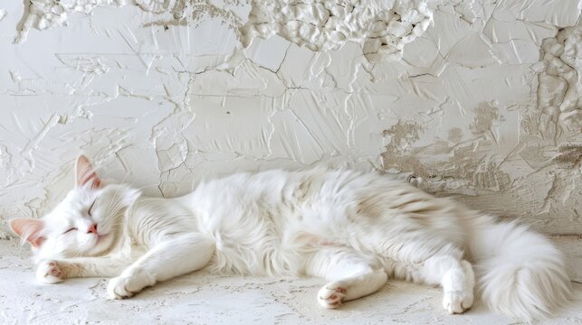  a white cat laying on top of a white floor next to a wall with peeling paint on it's walls.