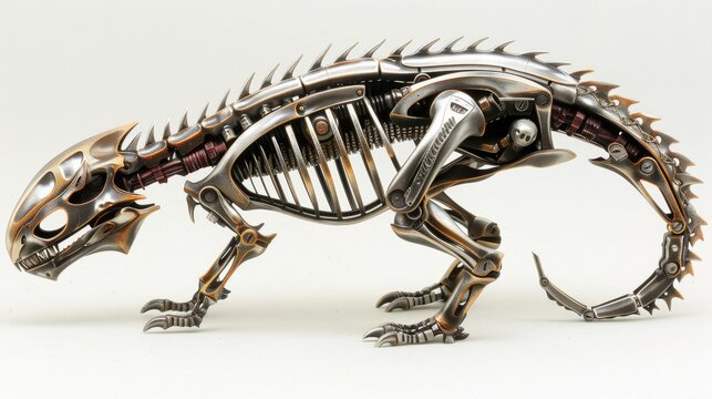  a metal sculpture of a dog with spikes on it's back legs and a skeleton like body with spikes on it's back legs.