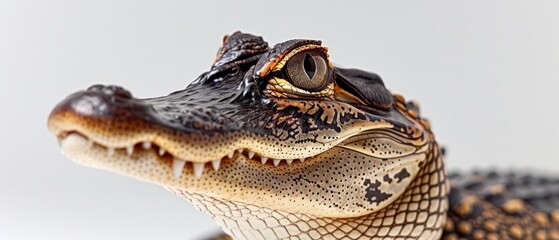  a close up of an alligator's head with its mouth open and it's eyes wide open on a white background. - obrazy, fototapety, plakaty