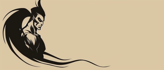  a black and white drawing of a woman with her hair blowing in the wind, on a beige background with a black outline.