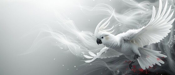  a white bird flying through the air with it's wings spread wide and spread out, in front of a gray background.