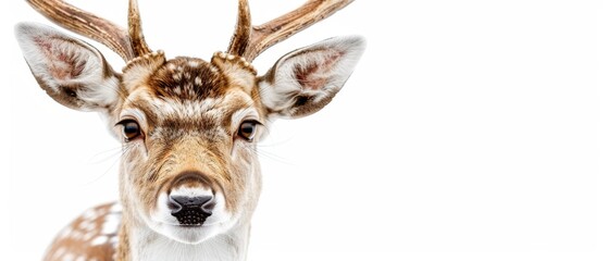  a close up of a deer's face with antlers on it's head and a white background.