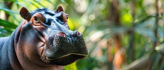  a close up of a hippopotamus in front of a leafy area with a tree in the background.