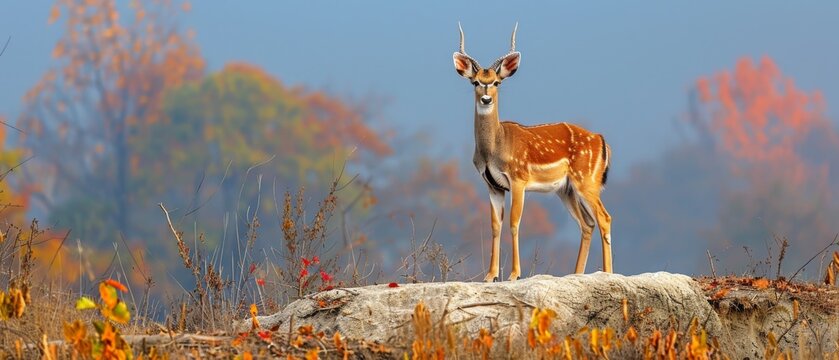  a small deer standing on top of a dry grass field next to a large rock and colorful trees in the background.