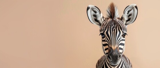  a close up of a zebra's face on a beige background with a brown wall in the background and a black and white zebra in the foreground.