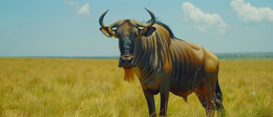  a wildebeest standing in the middle of a field of tall grass with a blue sky in the background.