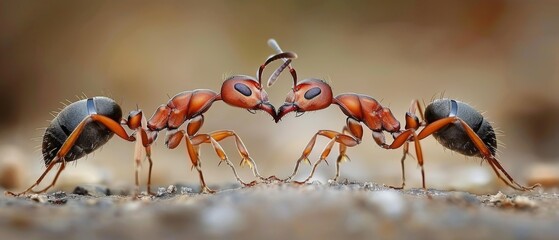  a group of ants standing next to each other on top of a pile of dirt on top of a field.