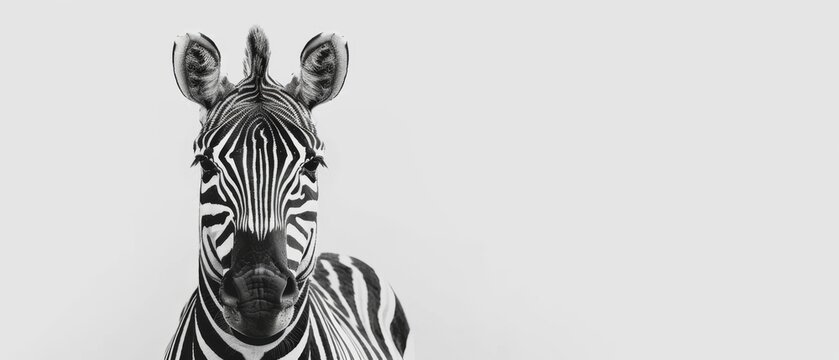  a black and white photo of a zebra's head and neck, with the background of the image in black and white.