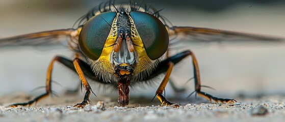  a close up of a fly insect with a blue and yellow stripe on it's back legs and wings.