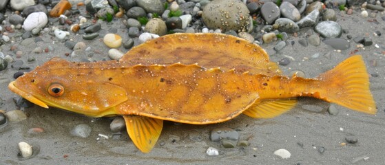  a close up of a fish on a beach near a body of water with rocks and gravel in the background.