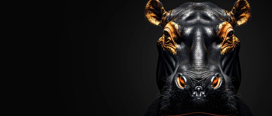  a close up of a horse's head on a black background with a yellow and orange light coming out of the horse's eyes.