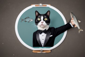 Cat wearing tuxedo inside fish tank holding fish in his hand