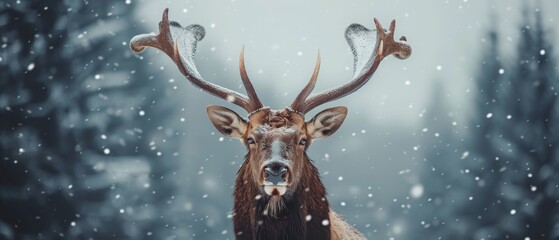  a close up of a deer with antlers on it's head and snow falling on trees in the background.