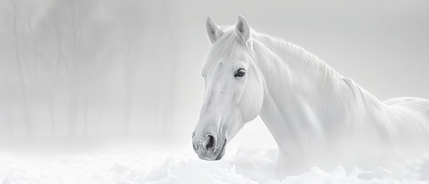  a white horse standing in the snow in a black and white photo with trees in the background and fog in the foreground.