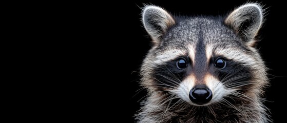  a close up of a raccoon's face on a black background with a blurry look on its face.