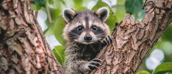  a raccoon climbing up the side of a tree to get a bite out of the bark of a tree.