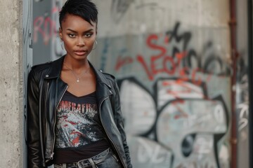 A woman in a leather jacket and jeans poses in front of graffiti
