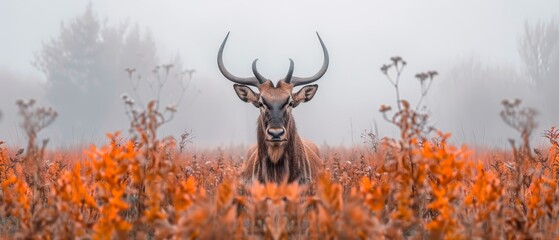  an antelope standing in a field of tall grass with orange flowers in the foreground and fog in the background.