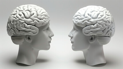 Two heads with embossed volumetric brains. Communication and interaction between two people. advertising layout for Psychology, Mental health, Psychiatry. 