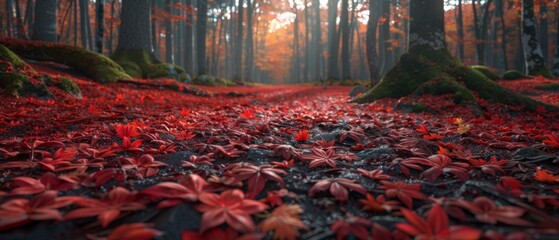  a path in the middle of a forest with lots of red leaves on the ground and trees in the background.
