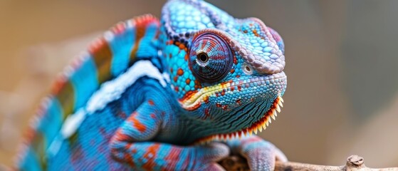  a close up of a colorful chamelon sitting on top of a tree branch with its head turned to the side. - obrazy, fototapety, plakaty