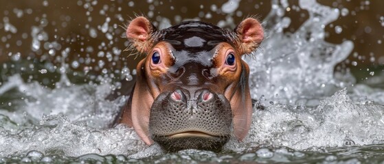  a close up of a hippopotamus in the water with it's head sticking out of the water.
