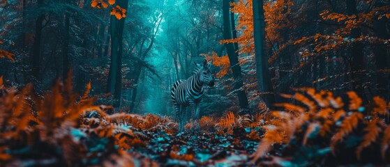  a zebra standing in the middle of a forest filled with lots of tall trees and tall orange and green leaves.